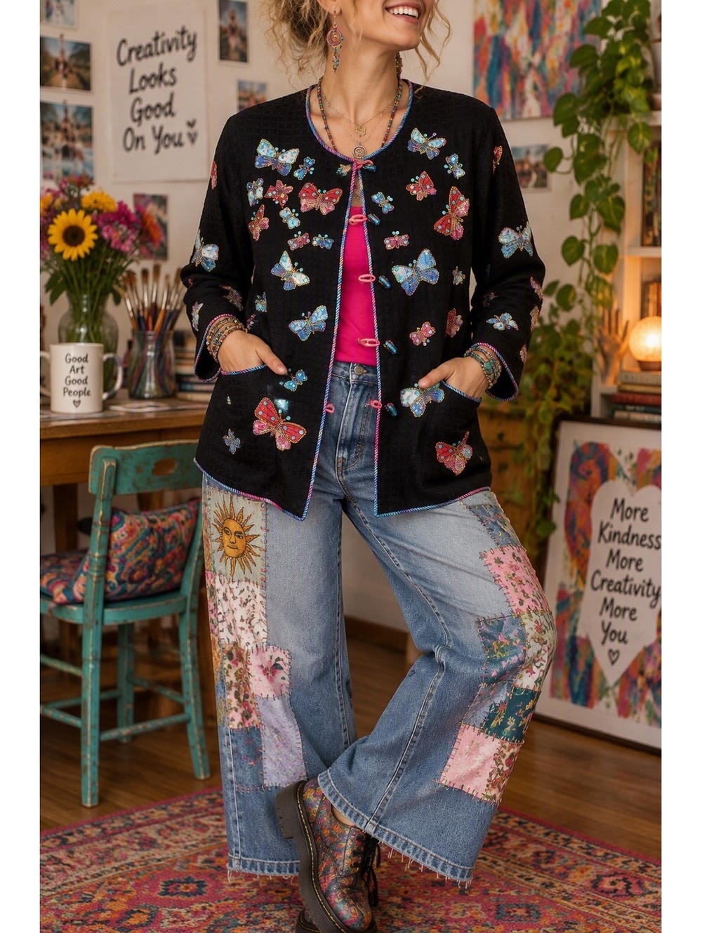 Vintage Draper's & Damon's Black Butterfly Embroidered Jacket Sz S - Colorful